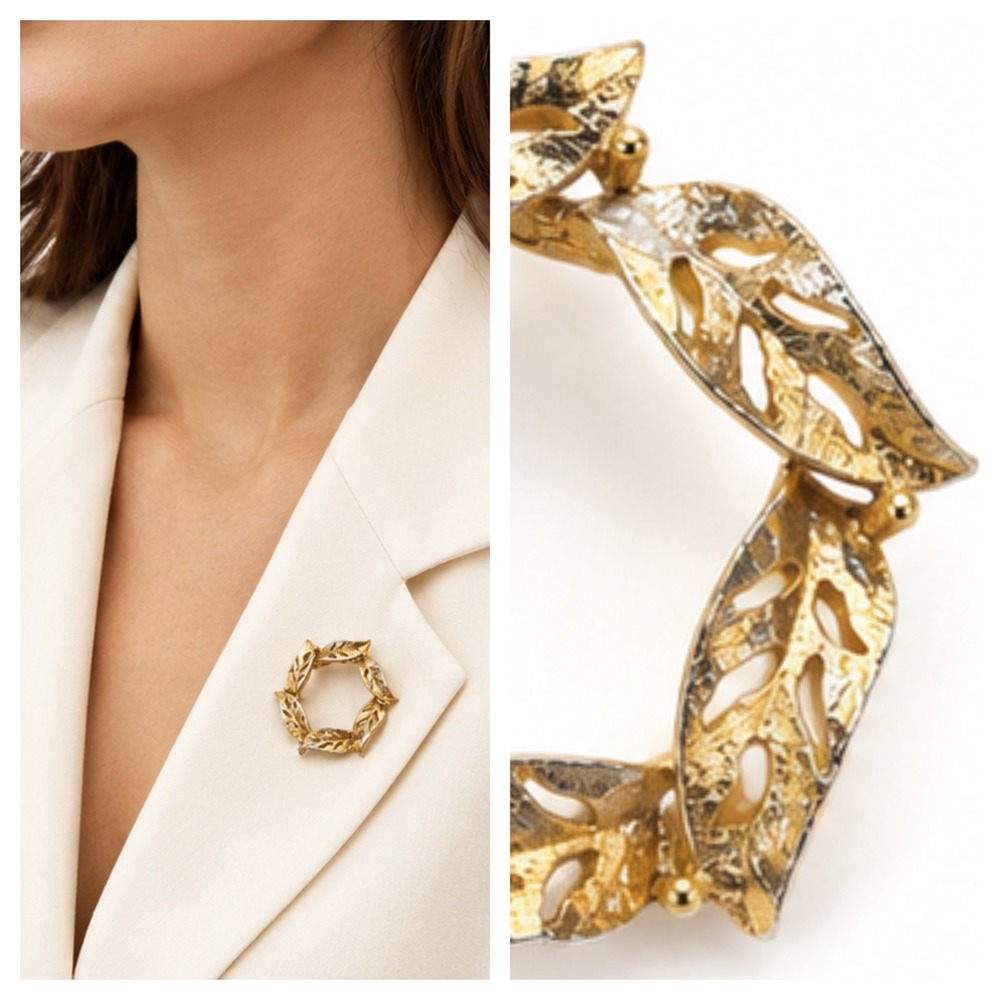 Gerrys Vintage Gold Tone Leaf Wreath Brooch Textured Botanical Pin Accessory